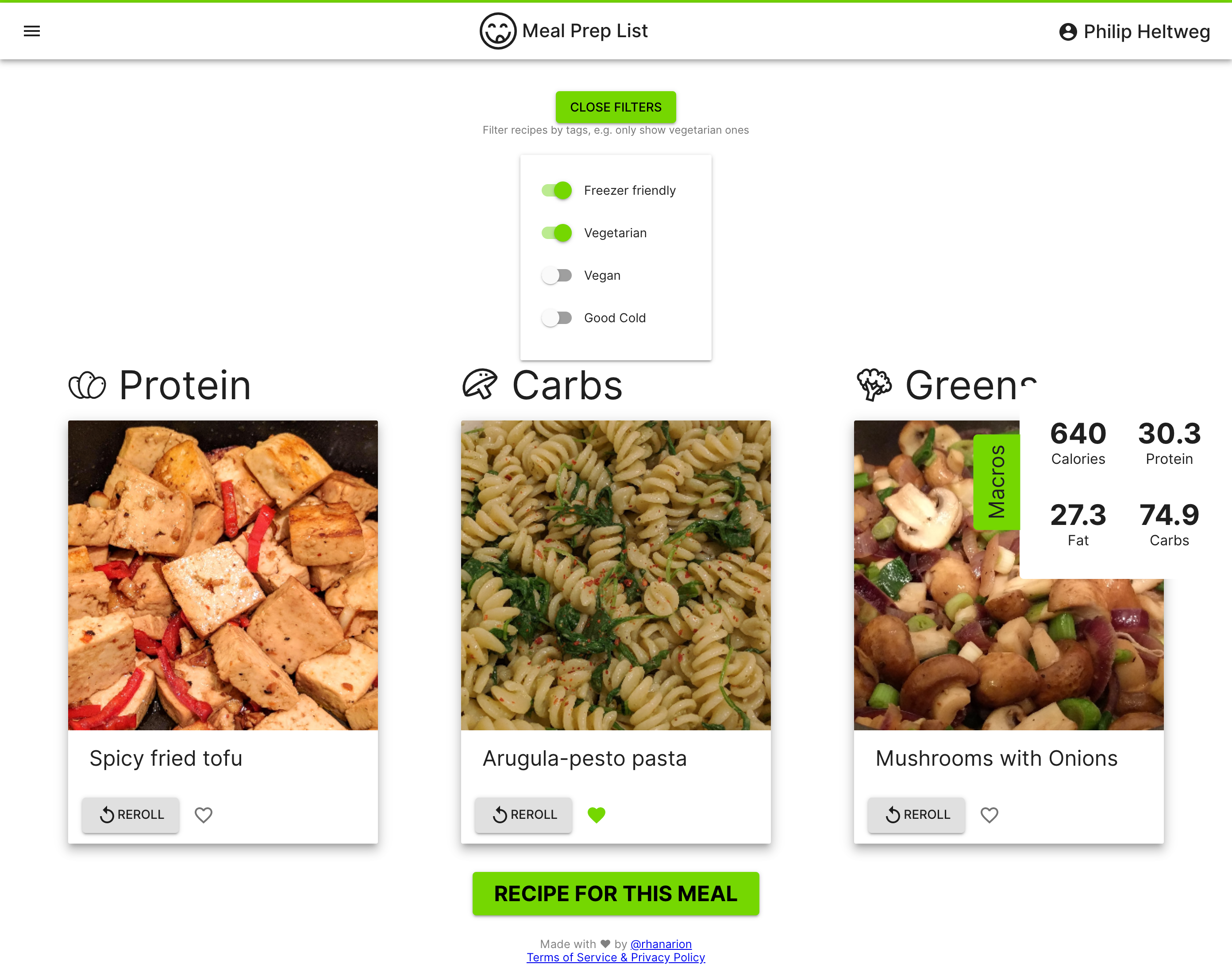 Premium users can filter recipes by tags and see combined macros