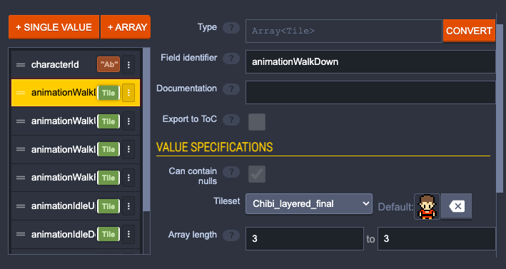 Custom Array<Tile> field for an entity with animations