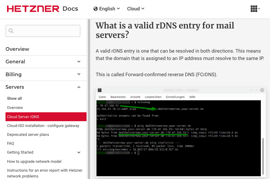 The image shows a terminal window on a Windows operating system displaying various commands and their responses. The commands include nslookup to look up the DNS record for a domain and ping to test the network connection. The nslookup command first resolves the domain name to an IP address, 'dedihetznernew.your-server.de,' followed by a ping command checking the response time from the server to confirm connectivity. The terminal window is open in SSH mode, as indicated by the command shell prompt at the bottom right.