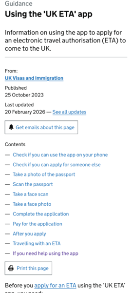 A help page for the UK ETA app, showing a large open table of contents and a 'If you need help using the app' link at the very bottom