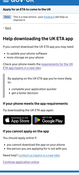 A page showing additional help downloading the UK ETA app with a tiny 'Continue application online' link at the bottom.
